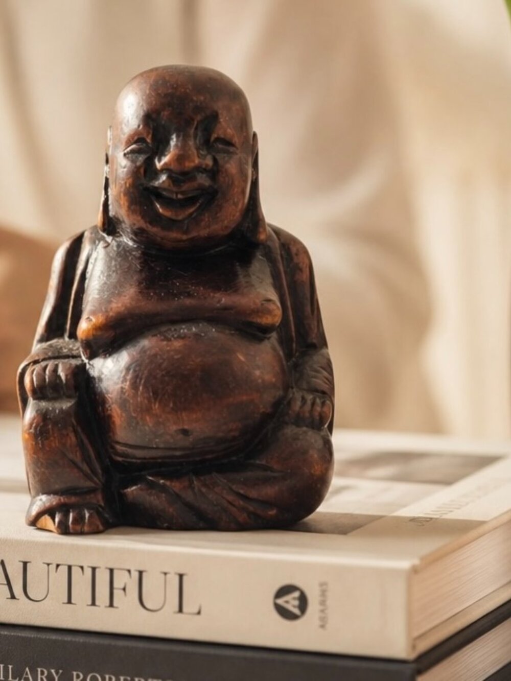 Vintage Laughing Buddha Statue Solid Wood 4” tall Hand carved